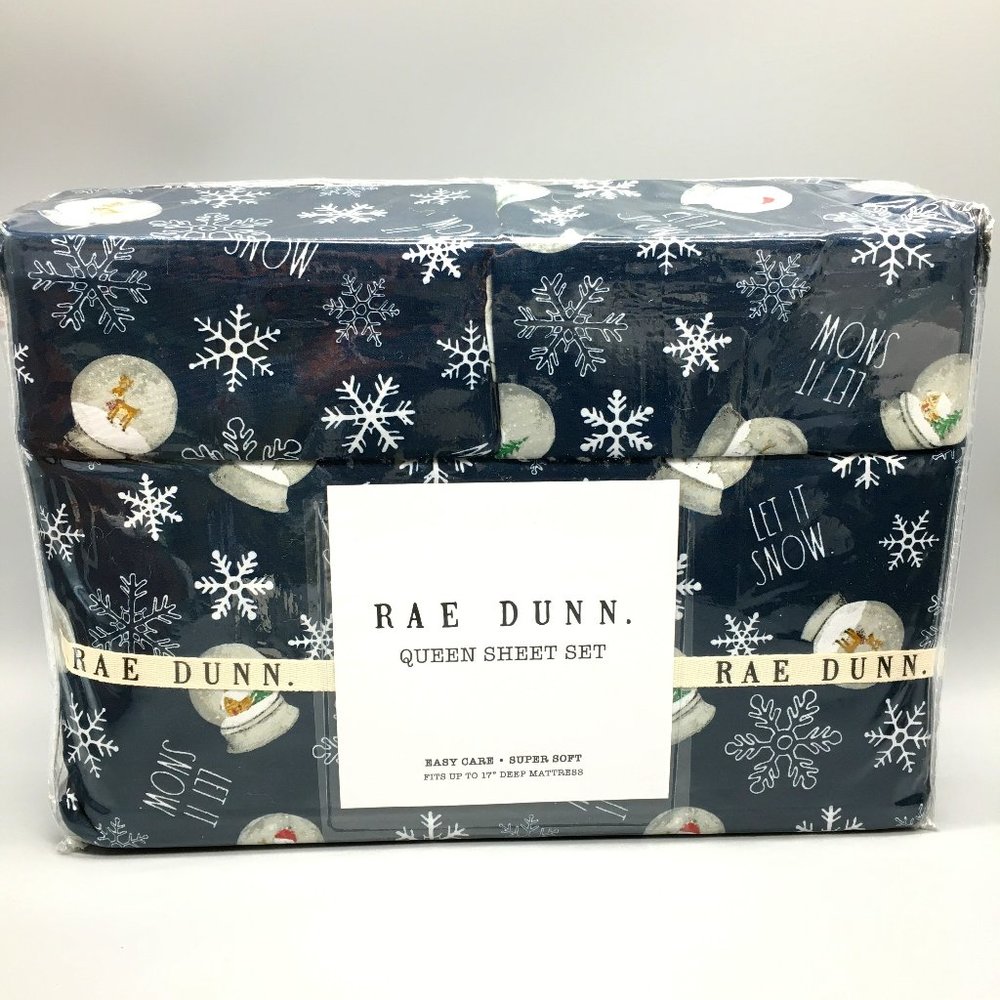Rae Dunn Christmas LET IT SNOW Sheet Set Snowflakes Reindeer Snowman Snow Globes